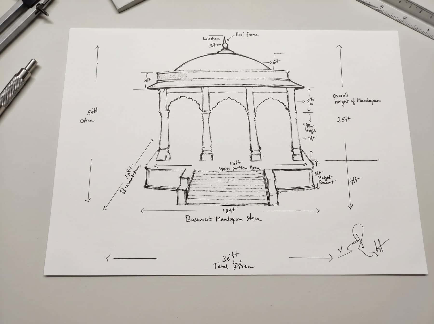 Hand-drawn technical sketch of a mandapam with dimensions marked