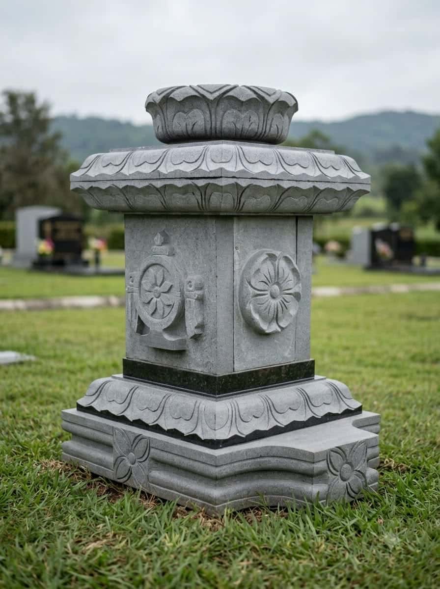 Grey granite pedestal carved with lotus petals, a wheel relief and floral rosettes on a stepped base